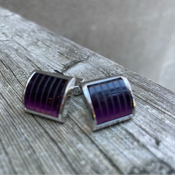🟪 🟪 Kenneth Cole New York Amethyst Purple Striped Glass Silver Tone Cufflinks - Picture 8 of 12